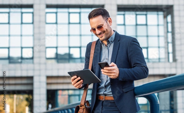 Fototapeta Good news. Happy smiling businessman checking mail from his client on tablet. Business, lifestyle concept