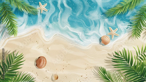 Fototapeta Summer horizontal illustration with copy space. Bird's eye view of the ocean island with sand and palm trees. Exotic tour travel vacation advertisement