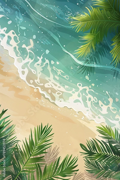 Fototapeta Vertical summer illustration with copy space. Bird's eye view of the ocean island with sand and palm trees. Exotic tour vacation advertisement