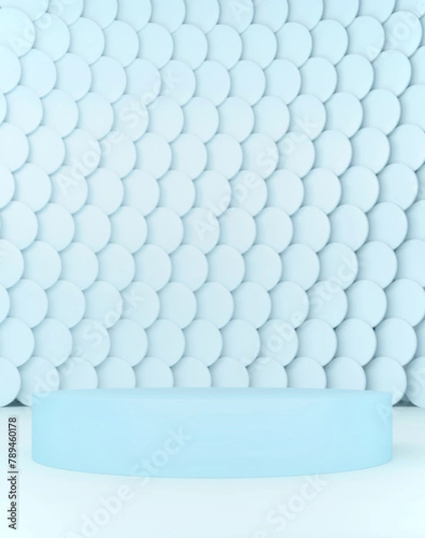 Fototapeta Tender light blue abstract product presentation podium on fish scale like pastel background; simple mock up pedestal with blue mosaic background in minimal style, 3d rendering, 3d illustration
