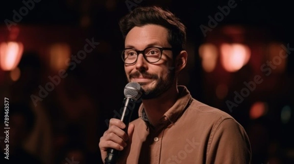 Fototapeta The Comedy Routine, bustling comedy club, a stand-up comedian, and clever punchlines, leave the audience roaring with laughter, Generated AI.