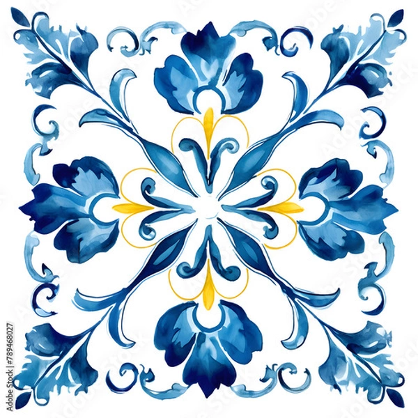 Fototapeta Pattern of Portuguese azulejos tiles. Rustic blue tile watercolor seamless pattern