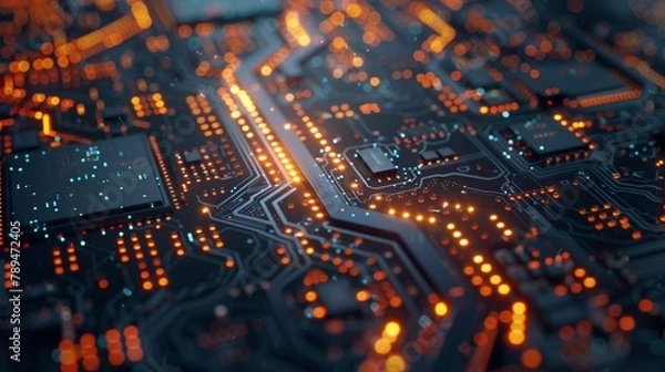 Fototapeta Detailed Macro Shot of a Glowing Computer Motherboard. Generative Ai