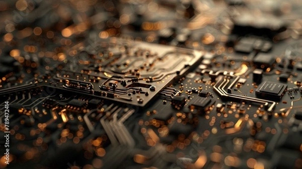 Fototapeta Macro Shot of a Glowing Computer Motherboard in Detail. Generative Ai