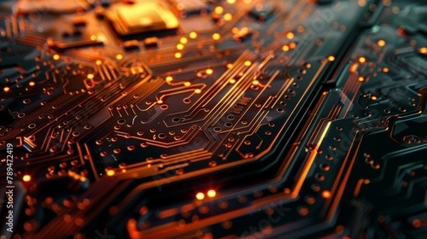 Fototapeta Detailed Macro Shot of Illuminated Computer Motherboard. Generative Ai