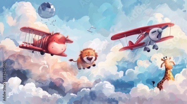 Fototapeta A painting of a lion, giraffe, and a plane flying in the sky. Suitable for educational materials