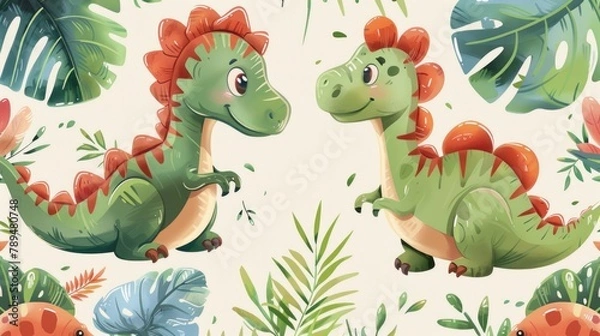 Fototapeta A group of cartoon dinosaurs in a lush jungle setting. Perfect for children's illustrations or educational materials