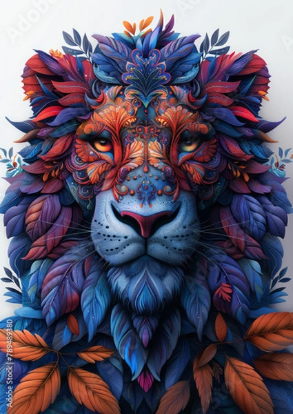 Fototapeta drawing psychedelic lion and jungle logo, vibrant, vector, contour, hyper quality, t shirt design,generative ai