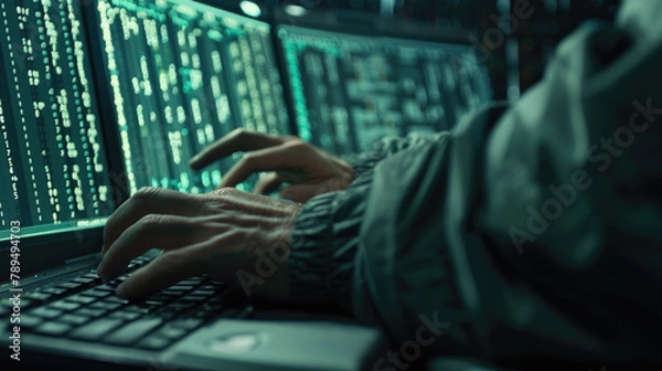 Obraz Close-up of Network Engineer Typing Commands