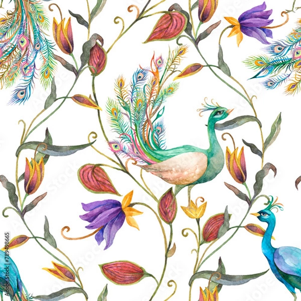 Fototapeta Png seamless pattern with peacock and flowers on transparent background