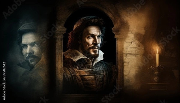 Fototapeta The Shakespearean Soliloquy, Amidst the grandeur of a Renaissance-era castle, an actor delivers a stirring Shakespearean soliloquy. Generated AI.