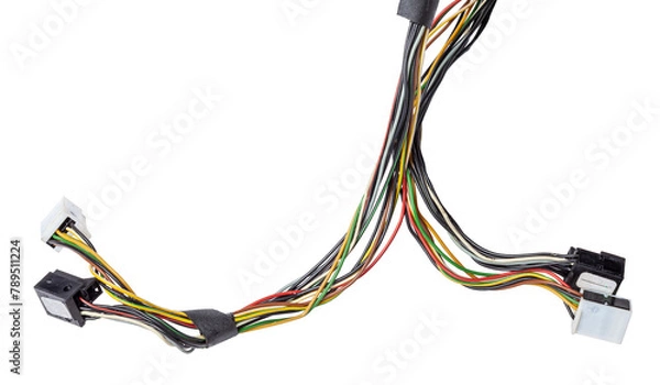 Fototapeta A cable of matted wires of different colors with connectors in the electrical wiring of the car. Internet line in the work of the provider.