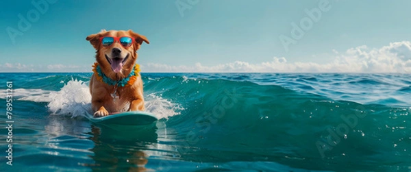 Fototapeta Dog in sunglasses riding the waves, surfing on a board, summer vacation concept, template, copy space.