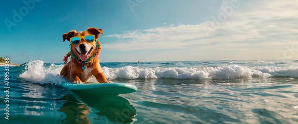 Fototapeta Dog in sunglasses riding the waves, surfing on a board, summer vacation concept, template, copy space.