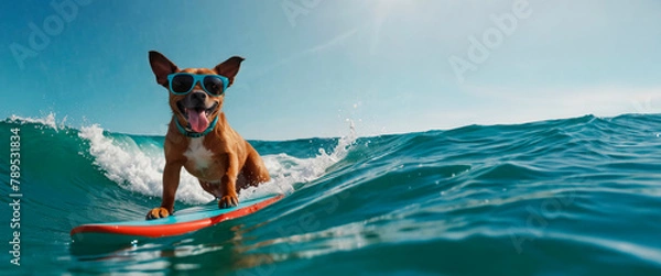 Fototapeta Dog in sunglasses riding the waves, surfing on a board, summer vacation concept, template, copy space.