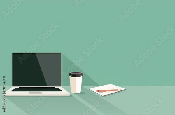 Fototapeta illustration of a laptop on a desk with a coffee cup, notepad and pen on a simple green background in the style of a flat design with flat colors Generative AI