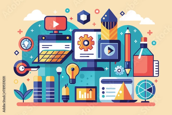 Fototapeta Flat Design Illustration of Digital Creativity, Web Development, and Graphic Design Tools