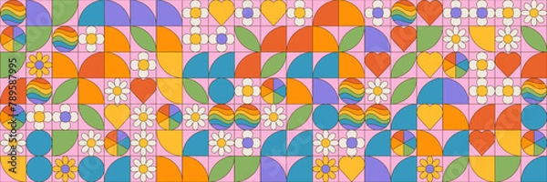 Fototapeta Pride Month groovy background. LGBT June parade. Seamless geometric pattern with simple geometric shapes and hippie flowers. Template for background, banner, card, poster. Vector EPS10 illustration
