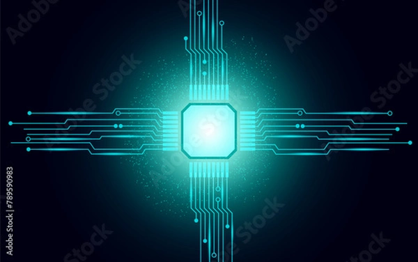 Fototapeta Abstract glowing blue lights technological tech background digital circuit board pattern