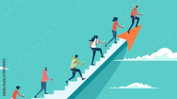 Fototapeta A team climbing an ascending arrow, representing their collective progress towards shared objectives and the pinnacle of success
