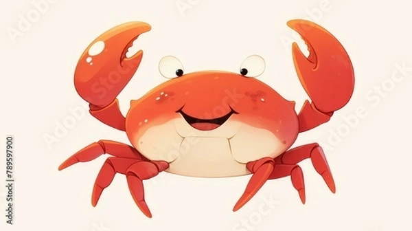 Fototapeta A cheerful cartoon crab is depicted against a clean white backdrop