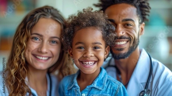 Fototapeta Smiling Child with Doctors in Hospital Setting. Generative ai