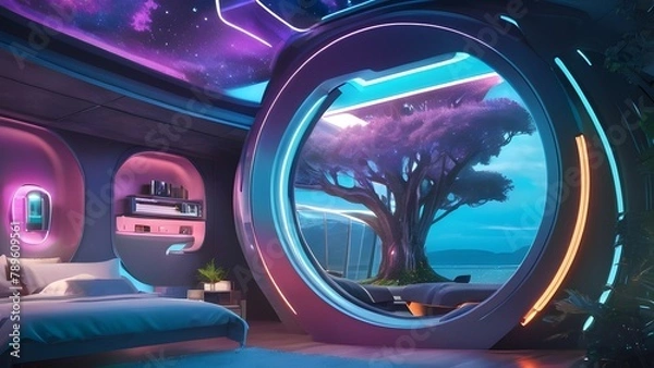 Obraz Modern Treehouse Nestled in Lush Forest with Expansive Windows and Wooden Design.