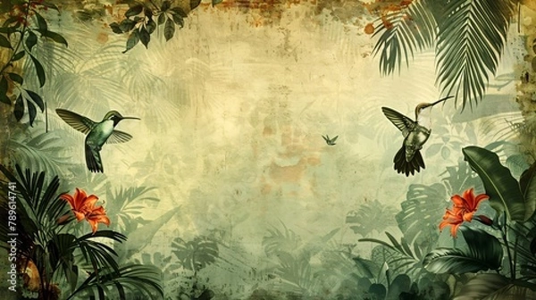 Fototapeta Time worn illustration of wild orchids and hummingbirds in a tropical jungle