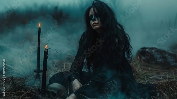 Obraz witch sitting on the ground in front of a black candle and a black skull, grass and fog around them.