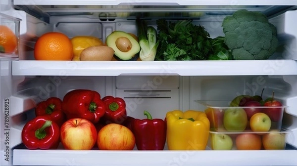Obraz A refrigerator drawer filled with an assortment of fresh vegetables: tomatoes, carrots, bell peppers, grapes and cucumbers. The bright combination of colors indicates healthy eating and food storage.