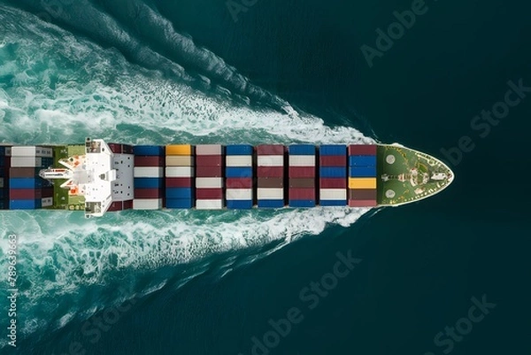Fototapeta StockPhoto Aerial view of container cargo ship in motion over open ocean