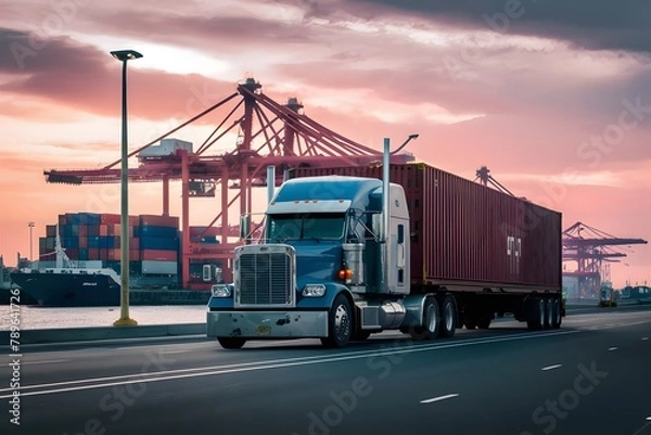 Obraz Truck trailer at cargo port terminal with cranes, containers