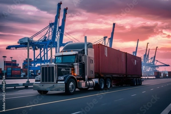 Obraz Truck trailer at cargo port terminal with cranes, containers