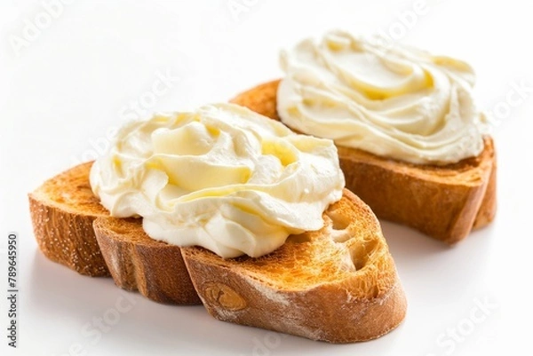 Fototapeta toasted bread with cream cheese isolated on a white background, toasted bread with cream isolated, toasted breakfast, cream and toast breakfast, healthy breakfast, breakfast with toasted bread 