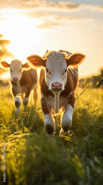 Fototapeta Young Nelore calves playing in a field, their early development and growth captured in a vibrant, natural setting