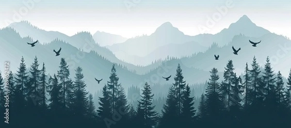 Obraz illustration of mountain landscape with forest and flying birds under cloudy sky with dawn. AI generated illustration