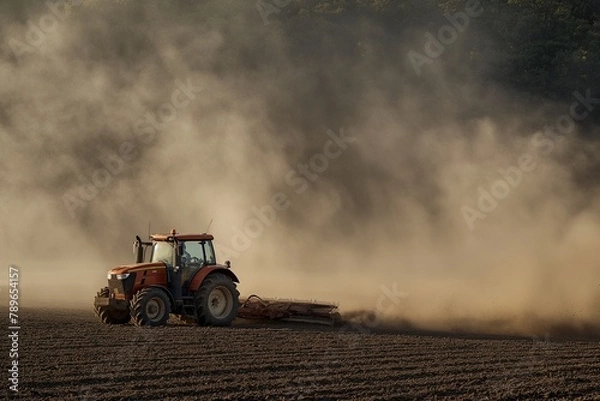 Fototapeta Tractor plowing a field with dust being kicked up by the tractor, tractor plowing in the field, tractor closeup, tractor tire closeup, tractor tire in the field closeup, modern plowing with tractor
