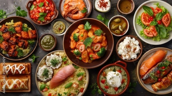 Fototapeta A table topped with a variety of different foods and sauces, AI