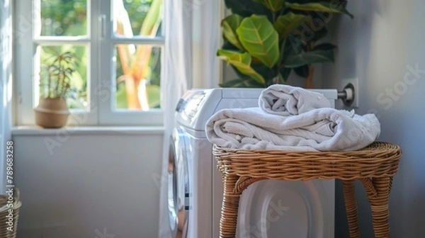 Fototapeta A stack of towels on a wicker chair in front of the washer, AI