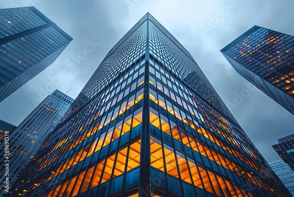 Fototapeta An urban downtown skyscraper shot at the corner from below at dusk.