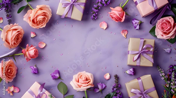Obraz Stunning roses and present parcels on a lavender backdrop with blank space for inscription. illustrating a Joyful Birthday concept. Displayed in a flat lay manner from an overhead perspective
