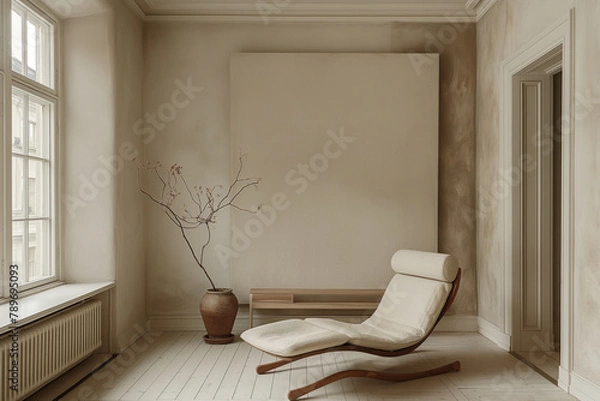 Fototapeta Stylish Stockholm studio apartment with spatial harmony, soft lighting and neutral colors, featuring minimalist design and wood textures.