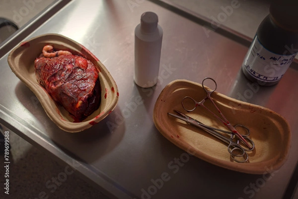 Fototapeta A fresh human placenta rests in its designated medical container, a vital organ of nourishment and oxygenation during pregnancy.