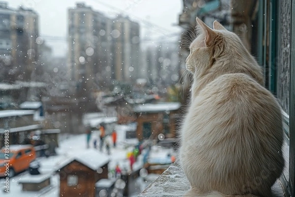 Obraz A white domestic cat looks out the window, closely watching what is happening outside, enthusiastically observing the world