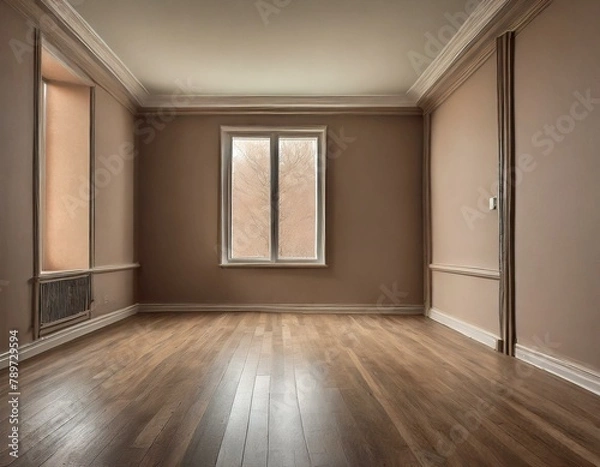 Fototapeta empty room with hardwood flooring, stained in a rich brown shade. The walls are painted in a soft beige color, creating a warm and inviting atmosphere