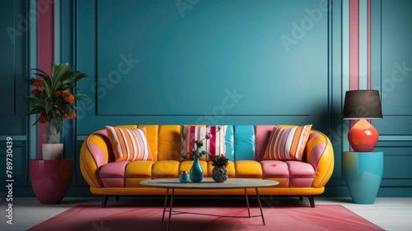 Fototapeta Colorful stripes panel on the stucco wall and pink sofa. Memphis postmodern style interior design of modern living room. Generative AI