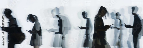 Obraz a long exposure photograph of multiple people looking at their smartphones, motion blur