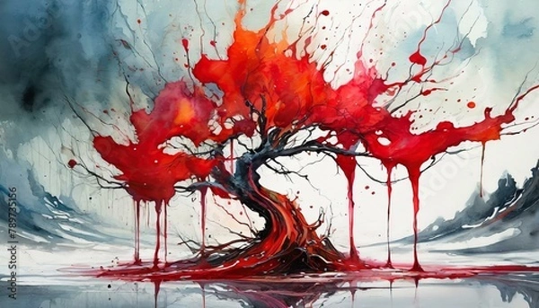 Fototapeta vibrant splash of red liquid creates art on a white surface, resembling a painting of a fictional character. The illustration captures the essence of a tree in a visually captivating event