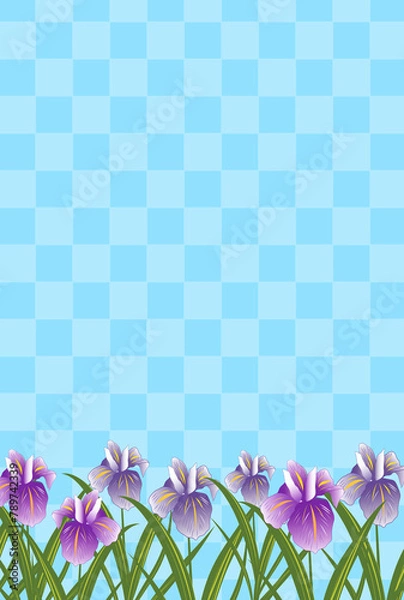 Fototapeta 花菖蒲　ハナショウブ　こどもの日　端午の節句　素材　菖蒲　和柄　市松模様　文様　初夏　和風イメージ　シンプル　ポスター　メッセージカード　縦長