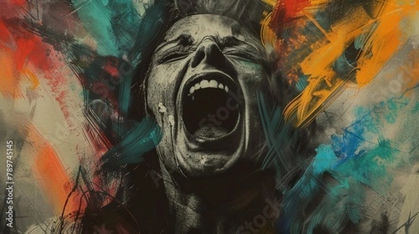 Fototapeta A haunting charcoal sketch of a woman screaming, her voice shattering the darkness around her, colorful blurred background powerpoint
